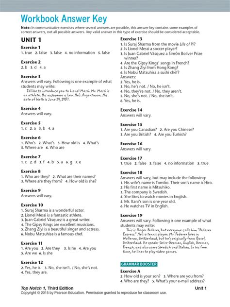 Top Notch 1 Workbook Answer Key Unit2