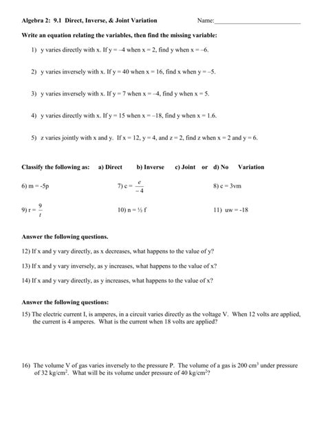Topic 9 2 Direct Inverse And Joint Variation 7th Grade Inverse Variation Worksheet - 7th Grade Inverse Variation Worksheet