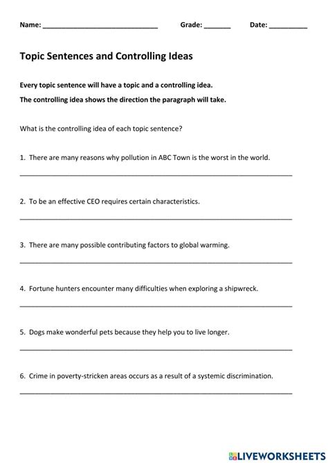 Topic Sentence And Controlling Idea Exercises With Answers Topic Sentence Worksheet With Answers - Topic Sentence Worksheet With Answers