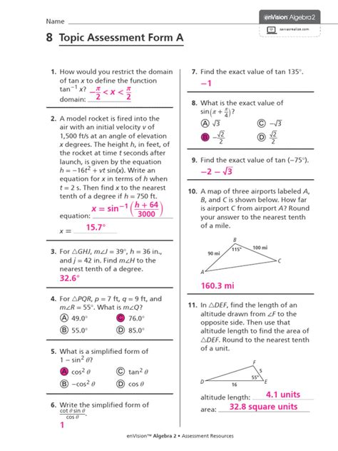 Topic Test Answers E2020 Algebra 2