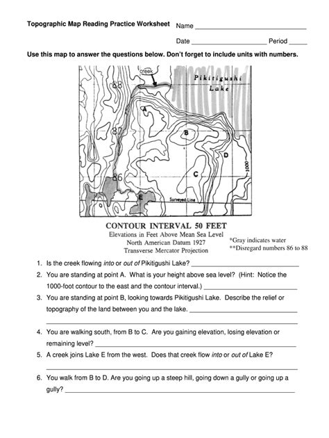 Topographic Map Worksheet Answer Key