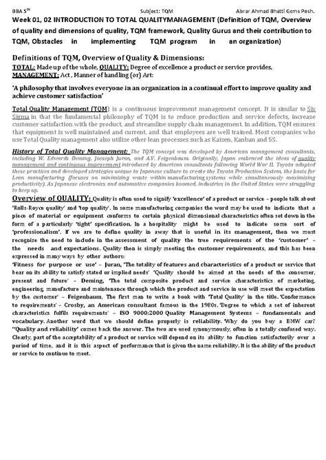 total quality management bba notes