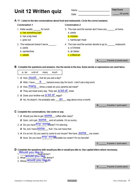 Touchstone 2 Unit 12 Quiz