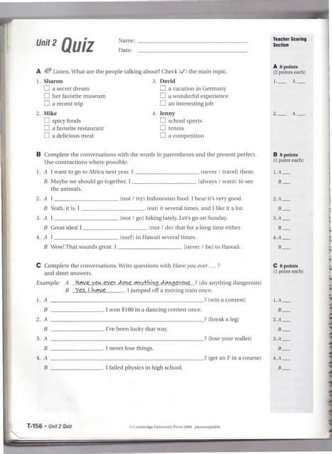 touchstone 2a quiz test