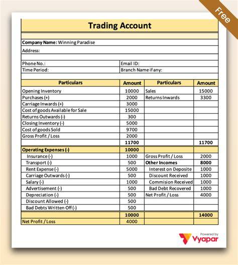 trading account format in excel