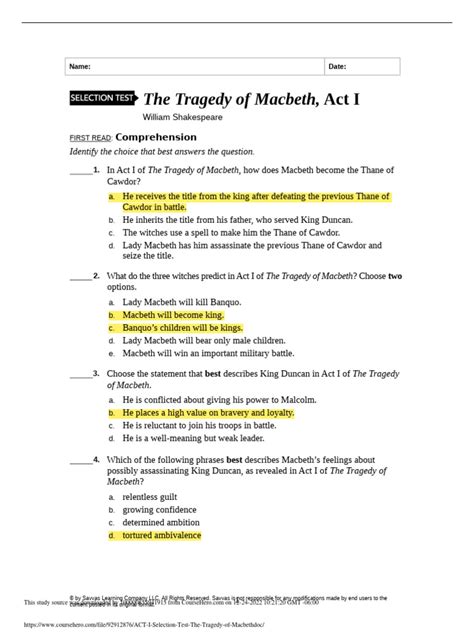 Tragedy Macbeth Act 1 Selection Test Answers