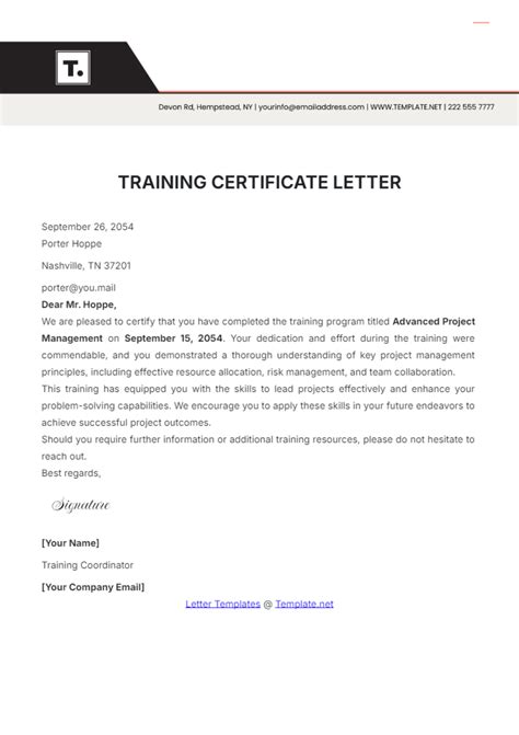 training course certificate letter sample