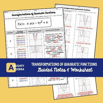 Transformations With Quadratic Functions Answer Key
