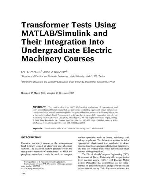 Transformer Tests Using Matlab Simulink And Their
