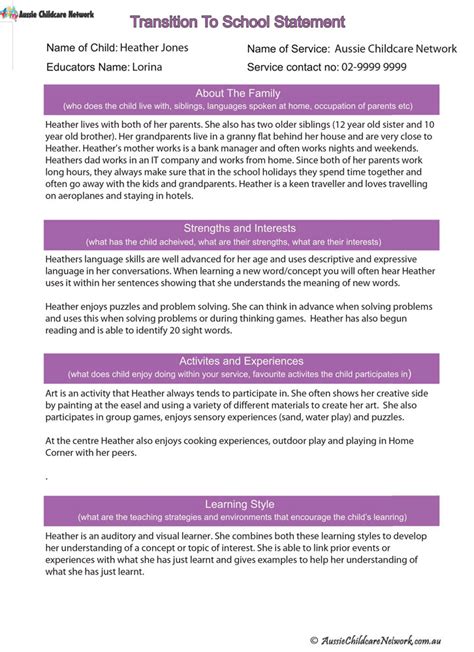 Transition To School Statement