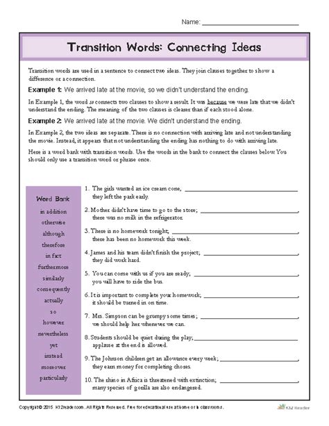 Transition Words Worksheets K5 Learning Linking Words And Phrases 3rd Grade - Linking Words And Phrases 3rd Grade