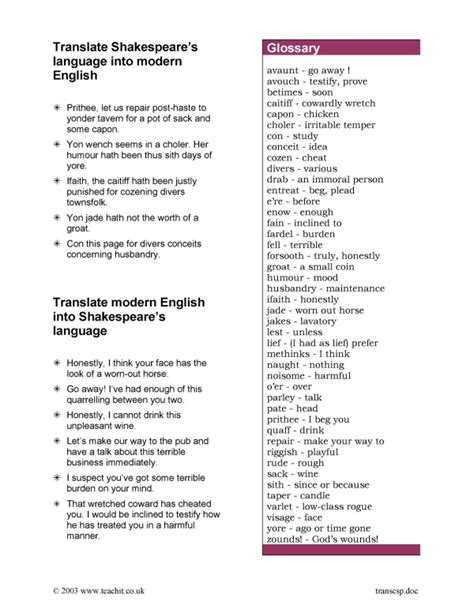 Translate Shakespeare X27 S Words Teachit Translating Shakespeare Worksheet - Translating Shakespeare Worksheet
