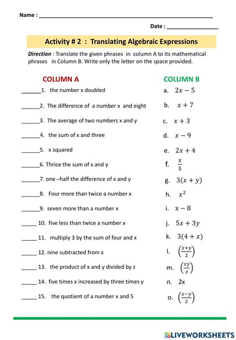 Translating Algebraic Expressions Interactive Worksheet Translating Expression Worksheet 6th Grade - Translating Expression Worksheet 6th Grade