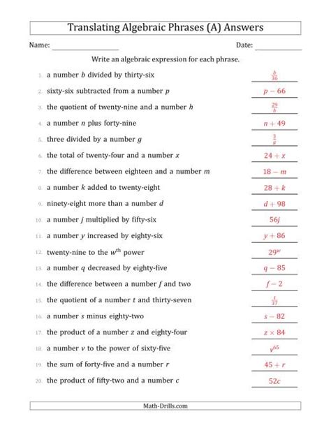 Translating Algebraic Phrases Simple Version A Math Drills Verbal Expressions Worksheet - Verbal Expressions Worksheet
