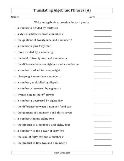 Translating Phrases Into Algebraic Expressions Worksheets Writing Variable Expressions Worksheet - Writing Variable Expressions Worksheet