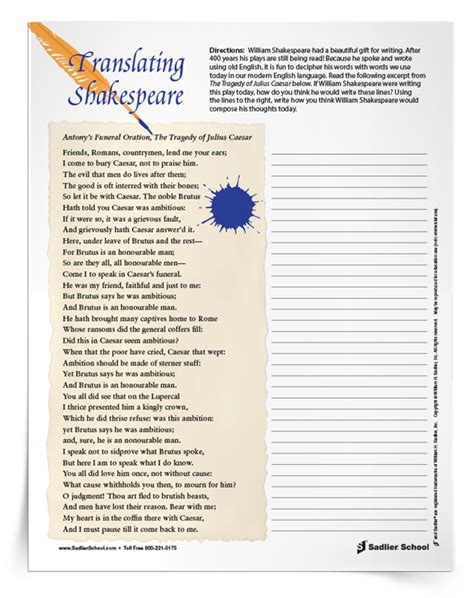 Translating Shakespeare Writing Activities 9 12 Sadlier Translating Shakespeare Worksheet - Translating Shakespeare Worksheet