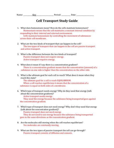 Transport In Cells Answer Key