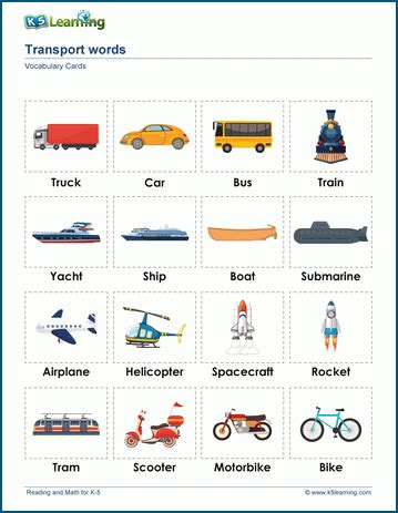 Transport Words Amp Vocabulary Cards K5 Learning Transportation Worksheets Kindergarten - Transportation Worksheets Kindergarten