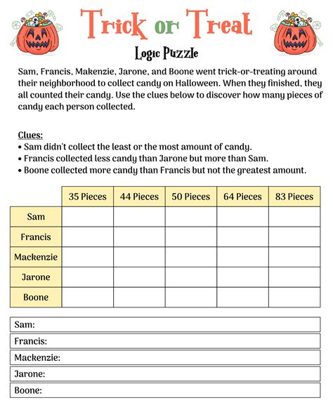 Trick Or Treating Logic Puzzle Aha Puzzles Halloween Logic Puzzle Printable - Halloween Logic Puzzle Printable