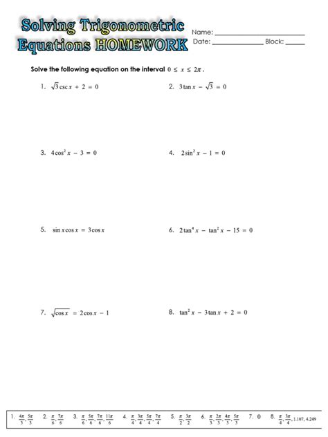 Trig Equations Worksheet