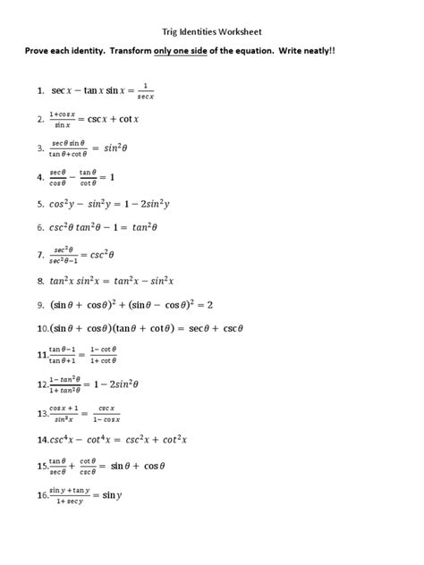 Trig Identities Practice Problems With Answers