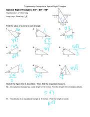 Trigonometry Prerequisite Special Right Triangles Awnsers