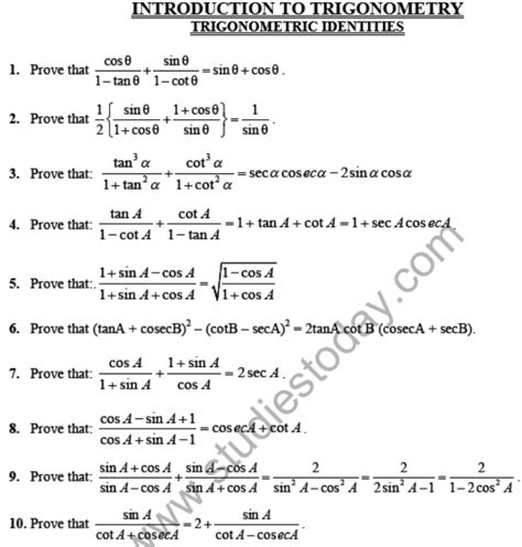 Trigonometry Questions For Class 10