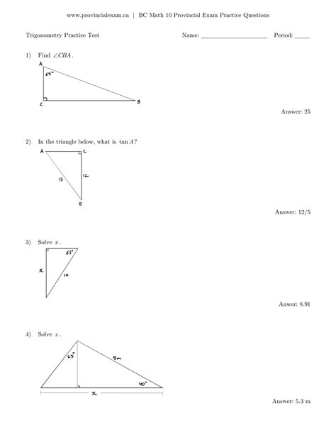 Download Trigonometry Practice Test Mathematics Statistics 