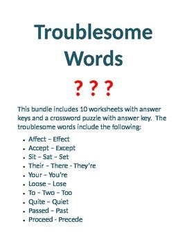 Troublesome Words Worksheet Bundle For Grades 6 9 Troublesome Words Worksheet - Troublesome Words Worksheet