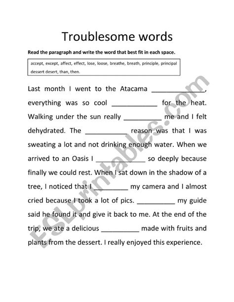 Troublesome Words Worksheet   Esl Troublesome Words Interactive For 4th 6th Grade - Troublesome Words Worksheet