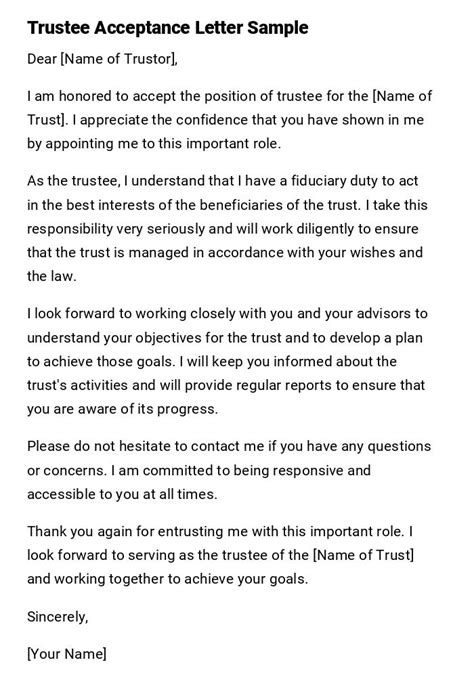 Trustee Acceptance Letter Example