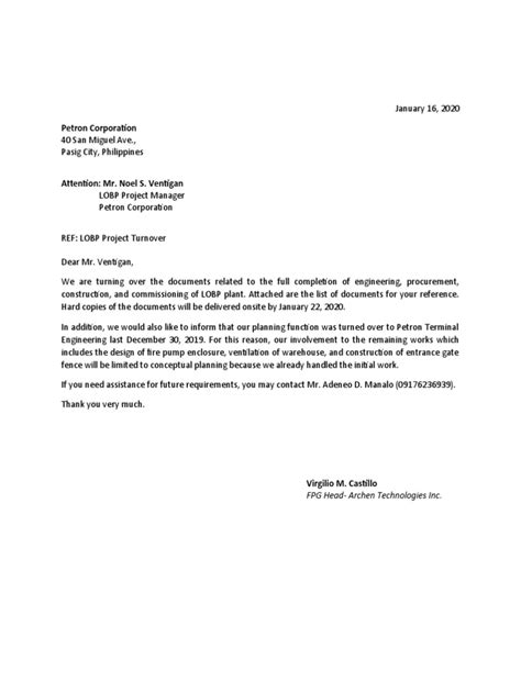 Turn Over Letter Sample