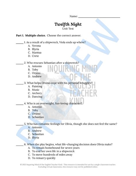twelfth night questions and answer key