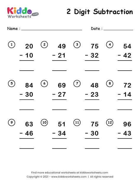 Two Digit Subtraction Worksheets