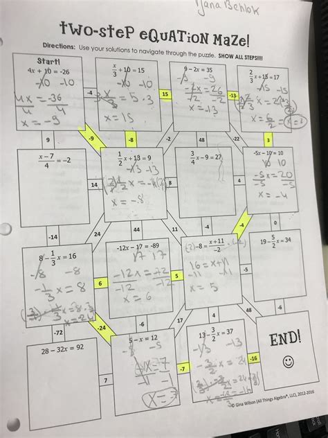 Two Step Equation Maze Gina Wilson Answers