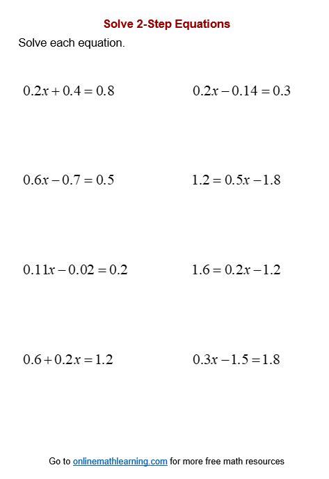 Two Step Equations With Decimals Worksheet   One Step Equations Worksheets With Fractions And Decimals - Two Step Equations With Decimals Worksheet