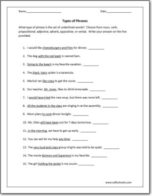 Types Of Phrases Exercises For Class 6 English Types Of Phrases Worksheet - Types Of Phrases Worksheet