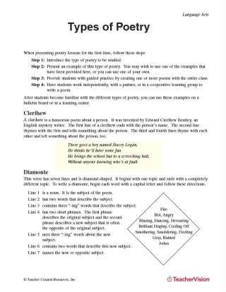 Types Of Poetry Printable 5th 8th Grade Teachervision Types Of Poems 5th Grade - Types Of Poems 5th Grade