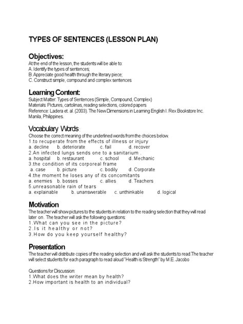 Types Of Sentences Lesson Plans Grade 4