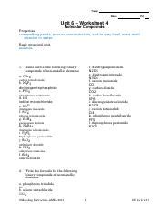 U6 Ws 4 Molecular Compounds 1 Doc Name Chemistry Unit 6 Worksheet 4 - Chemistry Unit 6 Worksheet 4