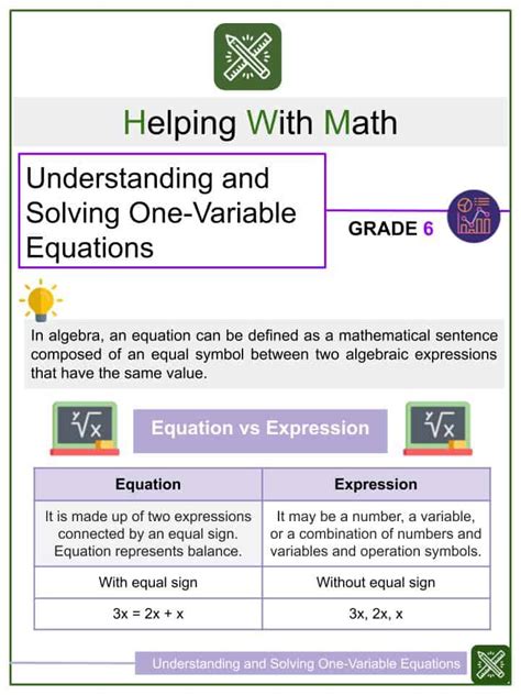 Understanding And Solving One Variable Equations 6th Grade Variables Worksheet Grade 6 - Variables Worksheet Grade 6