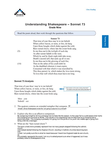 understanding shakespeare sonnet 73 grade nine answers