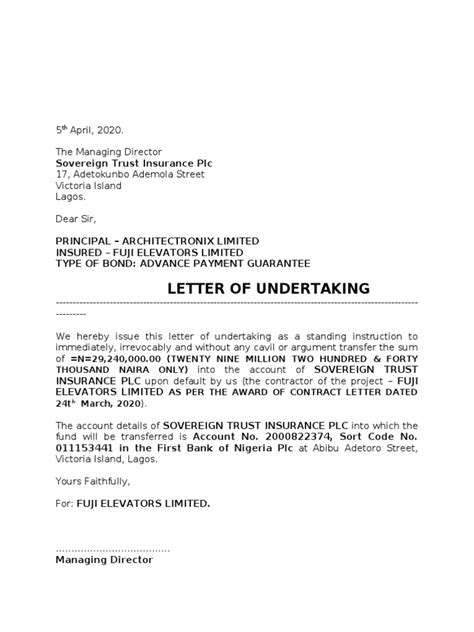 Undertaking For Receiving The Payment Letter Sample