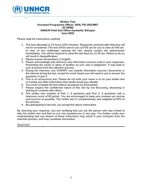 Unhcr Admin Assistant Written Test
