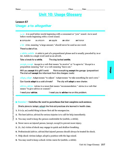 Unit 10 Usage Glossary Lesson 65 Answers