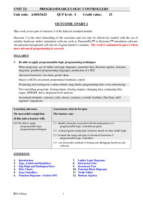 Unit 22 Programmable Logic Controllers Unit Code A 601
