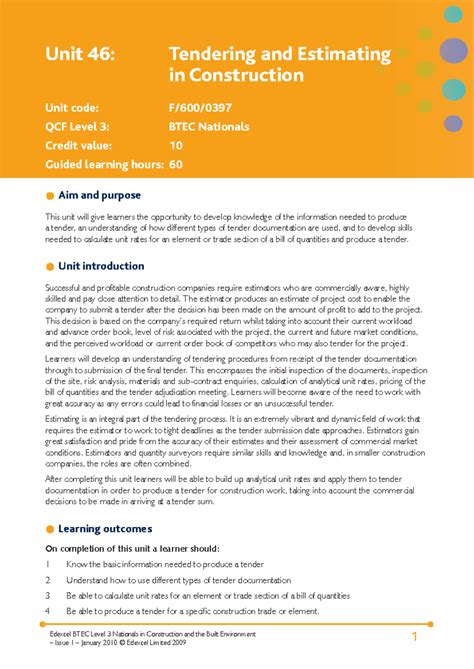 unit 46 tendering and estimating in construction
