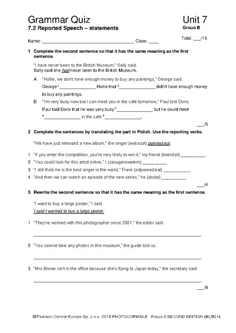 Unit 7 Reported Speech Solutions