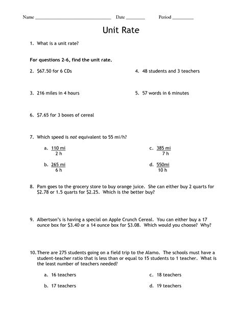 Unit Rate Problems 6th Grade Math Salamanders Unit Rates Worksheet With Answers - Unit Rates Worksheet With Answers