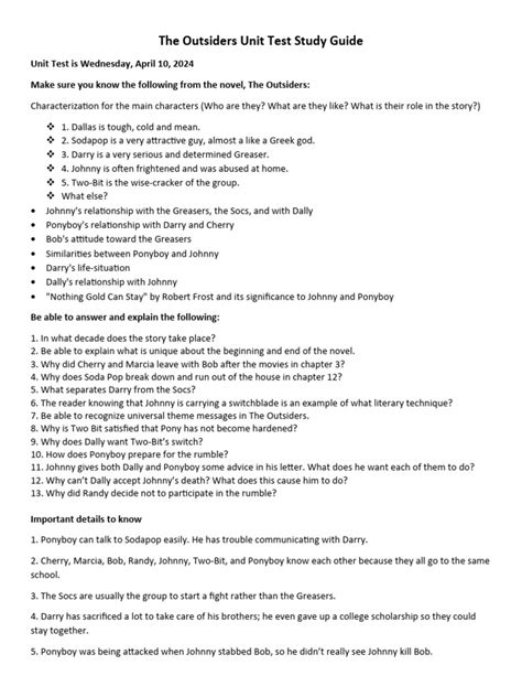 Unit Test For The Outsiders Answers